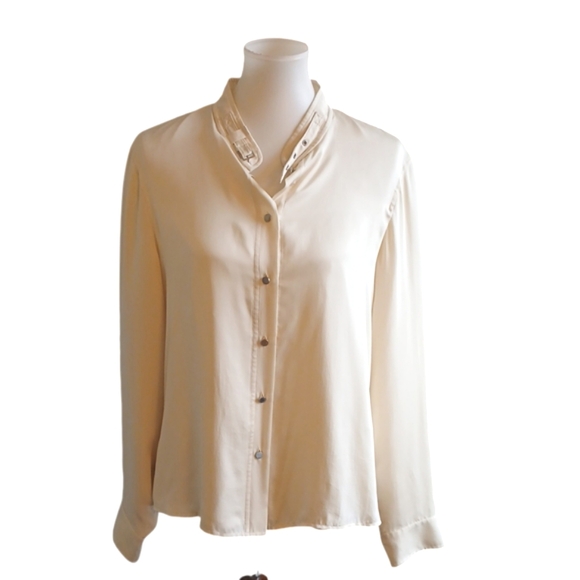 Calvin Klein Silk Ivory Button Down Long Sleeve Shirt with Band Collar Medium - Picture 1 of 10
